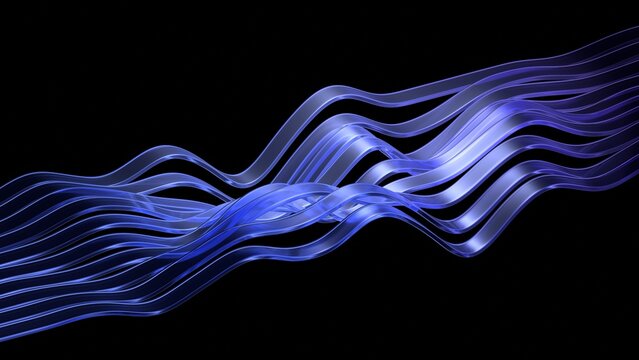 Wavy purple glass lines on a black background, 3d render