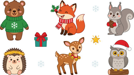 Naklejka premium Cute Christmas Woodland Animals Vector Icon Set Featuring Cartoon Bear, Fox, Squirrel, Hedgehog, Fawn, and Owl for Winter Holiday Greeting Card Designs