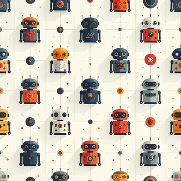 A colorful array of robots on strings.