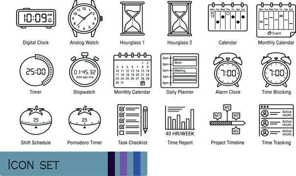 Print Time Tracking and Productivity Management Icons - Minimalist Thin Line Vector Asset Pack with Digital Clock Analog Watch Hourglass Stopwatch Monthly Calendar Daily Planner and Pomodoro Timer