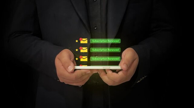 Man with smartphone displaying multiple subscription renewal notifications and email, digital communication concept 4k animation