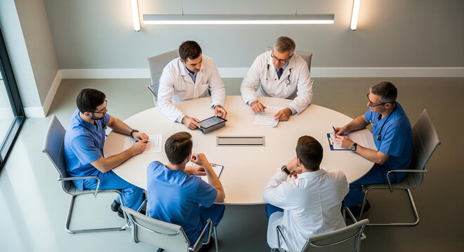 Medical team having meeting around table perfect for collaborative healthcare strategy and hospital management