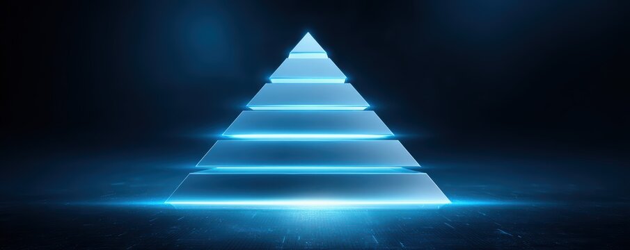 workforce skills for digital transformation. A glowing blue pyramid with illuminated horizontal layers, set against a dark futuristic background with subtle light reflections.