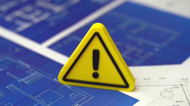 Yellow attention sign on blueprints drawings. Building codes. Errors in construction calculations.