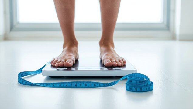 Persons bare feet standing on a digital weighing scale with a blue measuring tape