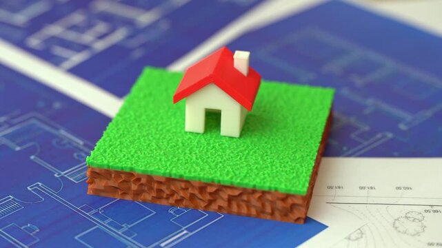 A figurine of a house on a plot of land on blueprints drawings. Home purchase price. Property valuation defines market value and supports transactions. Accurate assessment helps buyers, investors