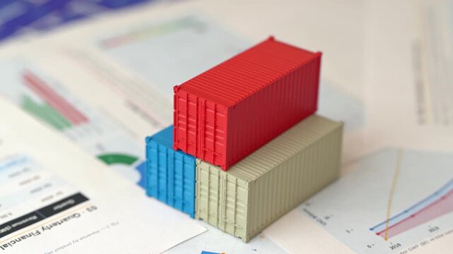 Shipping containers on economic report documents. Trade, economics and transport industry. GDP and production. Import or export. Tariffs and tax collections. Production of containers.