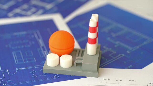 Factory on blueprints drawings. Construction planning and investment in an industrial project. Development strategy drives growth and infrastructure expansion.