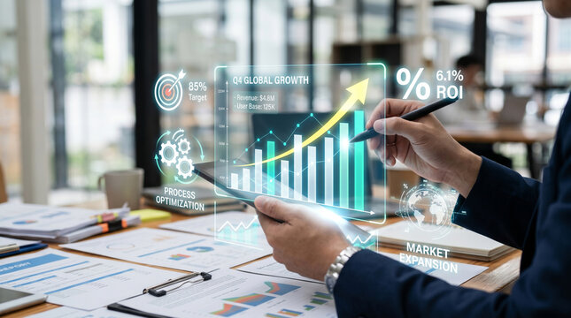 Business professional analyzing q4 global growth and market expansion data on a digital tablet with holographic charts and analytics