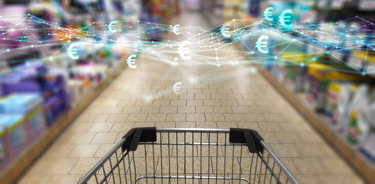 empty shopping cart in a blurred supermarket with digital wave from nodes and lines and euro signs, smart shopping and payment connectivity concept background with copy space