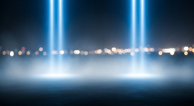 Two bright blue beams pierce a foggy night sky above a cityscape, abstract and ethereal