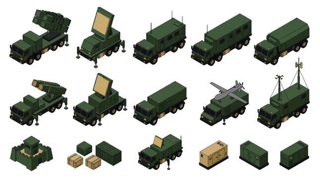 Isometric air defense system and military vehicle vector set. Army missile launcher truck, radar station, tactical command post, reconnaissance drone, bunker, and generator generator