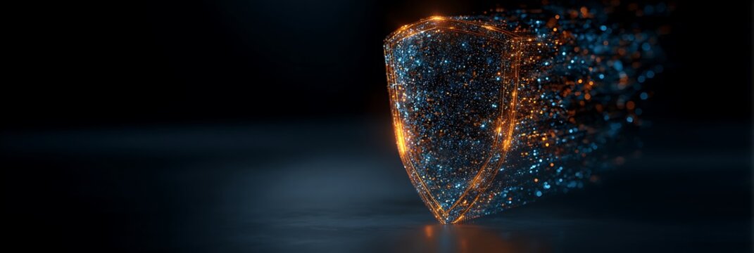 Digital security shield composed of glowing orange and blue particles floating in dark cyberspace for data protection and cyber security concept