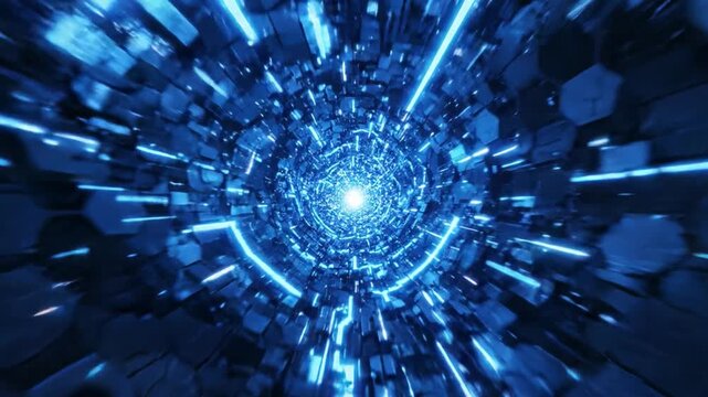 A dazzling journey through a futuristic digital vortex, with radiant blue light beams and abstract geometric shapes creating an immersive and captivating visual experience.