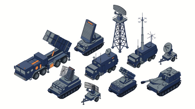 Integrated Military Air Defense System Isometric Icons Set with Missile Launcher Truck, Radar Vehicles, Mobile Command Post, and Artillery