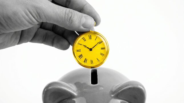 Hand placing yellow clock into piggy bank for time is money concept  