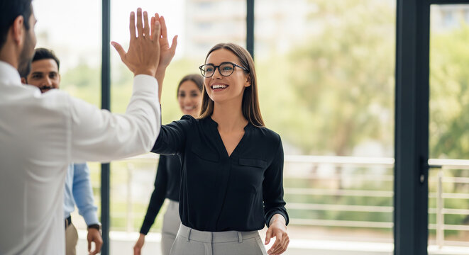 Joyful corporate team celebrating success with high five perfect for positive professional workplace achievement and teamwork collaboration