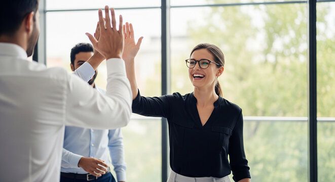 Happy corporate colleagues high fiving at modern office window perfect for celebrating professional success and business teamwork