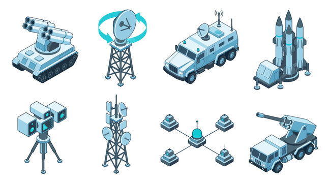 Military Missile Defense System Isometric Icons Set with Rocket Launcher, Satellite Tower, Armored Command Truck, and Surveillance Sensors