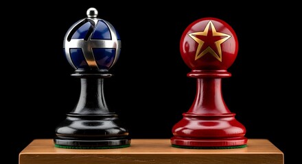 Fototapeta premium Two chess pawns, one blue & silver globe, the other red star, stand on a wooden surface