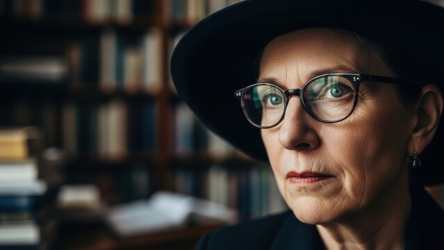 Senior woman wearing glasses and black hat indoors.