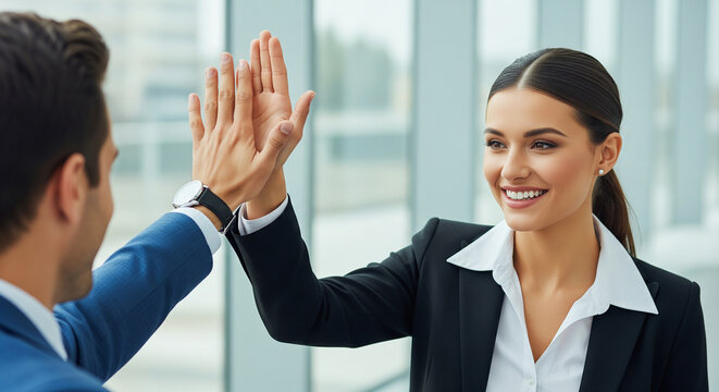 Happy diverse corporate team high fiving in bright modern office perfect for positive business success and professional collaboration