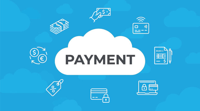 Modern cloud computing graphic featuring payment icons for digital financial transactions on a blue background