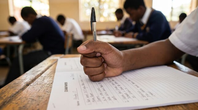 Hand of students taking exam with stress in classroom