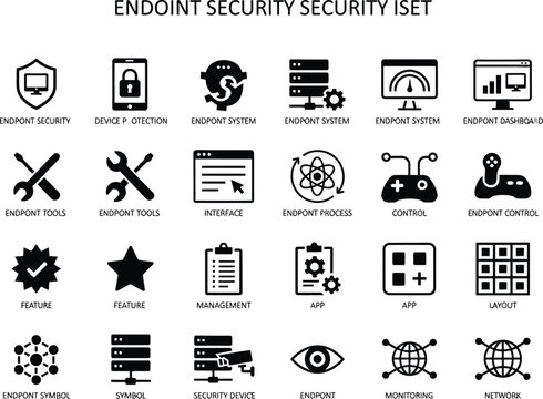 A collection of black professional icons for digital endpoint security and network management system monitoring