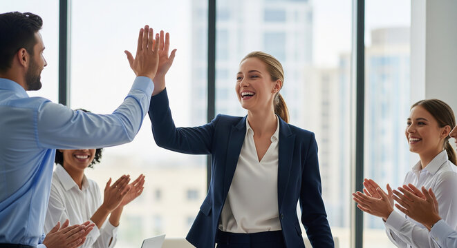 Joyful corporate colleagues applauding and high fiving in office perfect for successful business teamwork and positive professional achievement