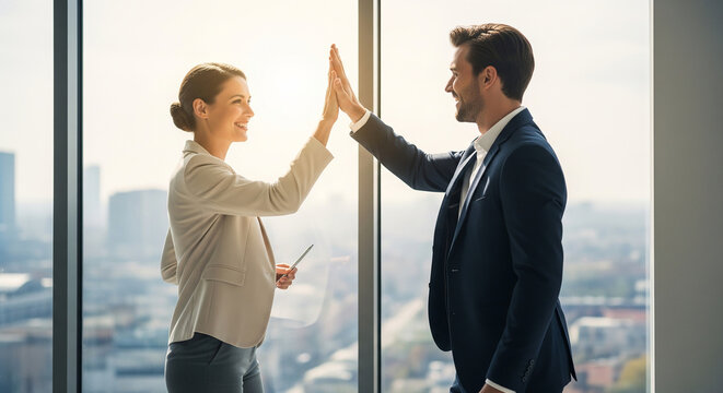 Smiling business partners high fiving in bright modern office perfect for successful corporate agreements and professional communication