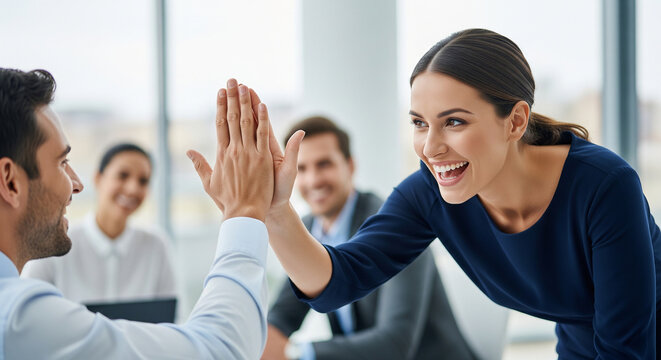 Cheerful male and female colleagues giving high five in office perfect for positive professional relationships and corporate teamwork