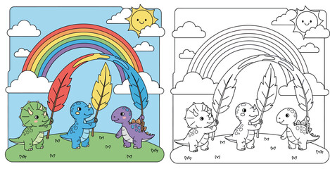 Adorable cartoon baby dinosaurs holding colorful feathers under a vibrant rainbow and sunny sky © Dewan