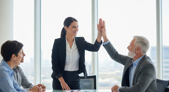 Joyful business team high fiving in bright modern office perfect for positive corporate communication and successful professional collaboration