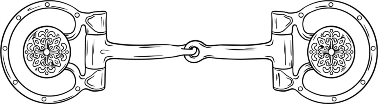 Hand drawn line art snaffle bit for cowboy horse and western riding on transparent background