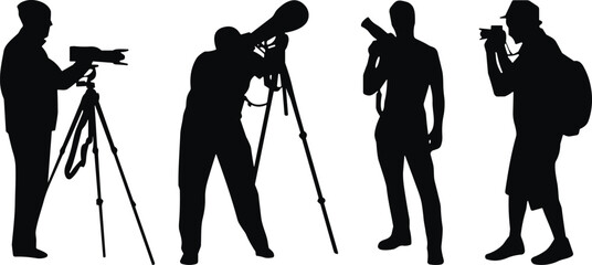 Silhouette photographers with cameras and tripods, diverse photography styles, professional shooting equipment, outdoor photo session, creative visual art concept © MSTMISLA