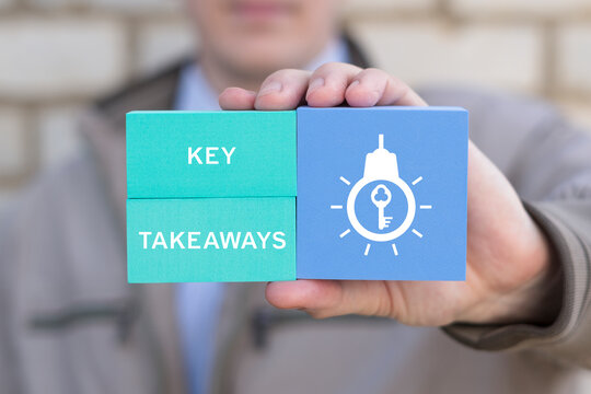 Concept of key takeaways. Text "key takeaways" symbolizing summary and highlights in business.