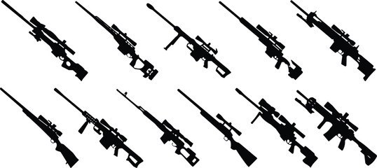 Sniper rifle silhouettes collection, firearm weapon icons, military gun illustration, tactical shooting design, hunting rifle outline, defense equipment concept © MSTMISLA