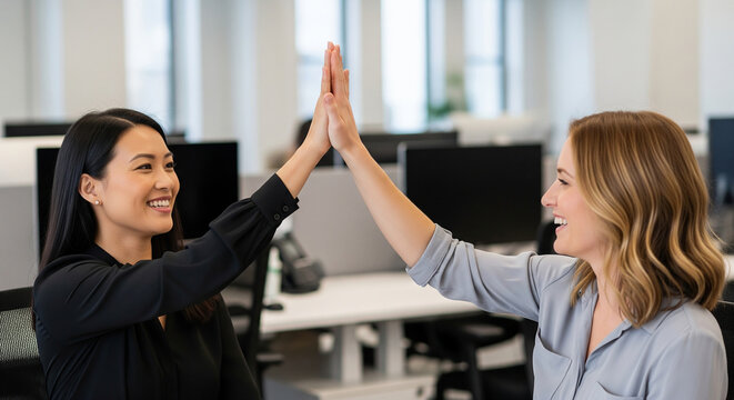 Happy corporate colleagues high fiving at modern office desk perfect for celebrating professional success and business teamwork