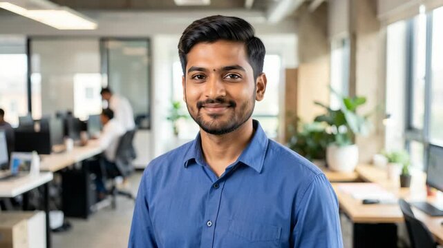 A young adult male with a beard and mustache wearing a blue button-up shirt, standing in an indoor office environment with desks and computers in the background.