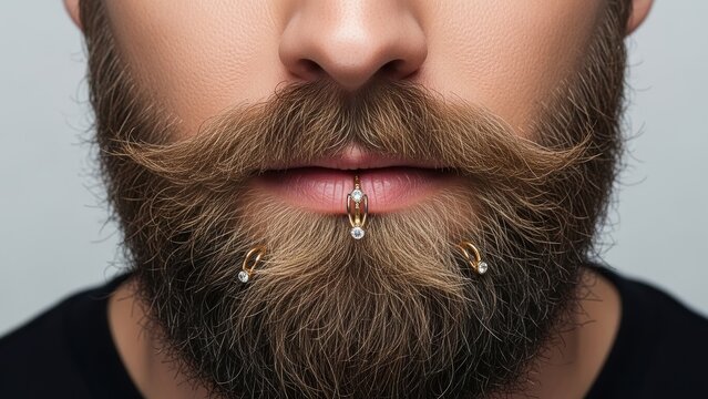 Man with large mustache and multiple lip piercings.