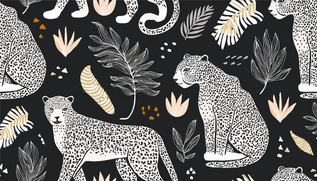modern abstract botanical print with leopards black and white bohemian style contemporary seamless pattern hand drawn unique print