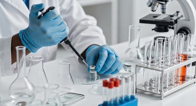 African American scientist working laboratory, pipetting fluid into vial. Professional researches with lab equipment, illustrating focused scientist working laboratory. Content for science publishing.