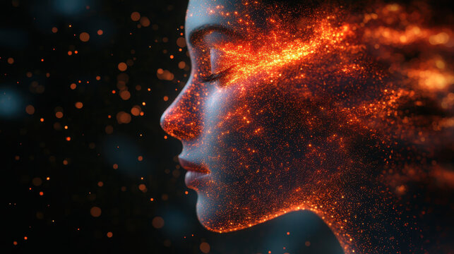 digital face dissolving into particles, representing themes of technology