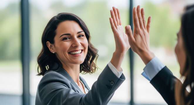 Smiling business team high fiving during corporate meeting perfect for successful professional strategy and positive workplace communication