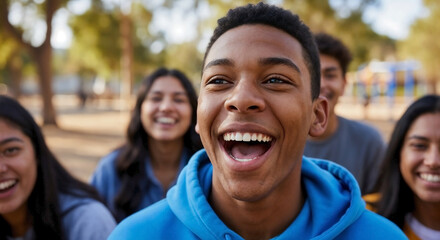 Fototapeta premium African American teen boy laughs heartily outdoors, surrounded by diverse friends. Joyful teen boy expresses happiness, sharing fun moment with youthful companions in park setting.
