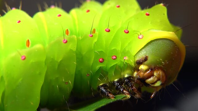 Large green Luna moth caterpillar sitting on a twig. Close-up macro shot focusing on the head and face with detailed eyes and mouthparts. Insect wildlife nature