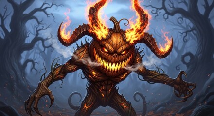 Fototapeta premium Fierce demon monster roaring in dark fantasy forest with fiery horns and glowing eyes