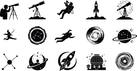 Space exploration silhouette icon set, astronomy symbols, rocket launch, telescope, astronaut, galaxy, vector illustration, black pictogram, science graphic © MSTMISLA