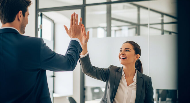 Two businesswomen celebrating successful meeting with high five perfect for positive corporate communication and professional teamwork